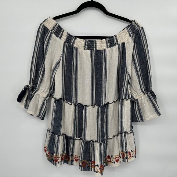 Knox Rose Linen Blend Off Shoulder Tiered Floral Embroidered Striped Top Size M - Picture 4 of 7